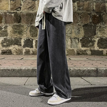 Riolio Korean Fashion Men's Baggy Jeans Elastic Waist  Classic olid Color Straight-leg Denim Wide-leg Pants Male Light Blue Grey Black